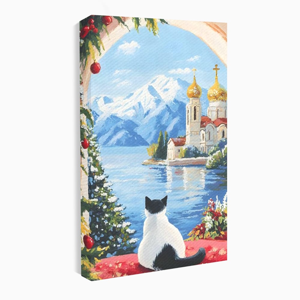 Tablou canvas cu tablou canvas cu pisica privind spre munte, fara rama, pe sasiu de lemn